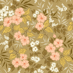 Seamless floral pattern, liberty ditsy print with cute summer liberty flowers. Pretty botanical design for textile, paper. Small hand drawn flowers, tiny leaves on a gold background. Stock vector 
