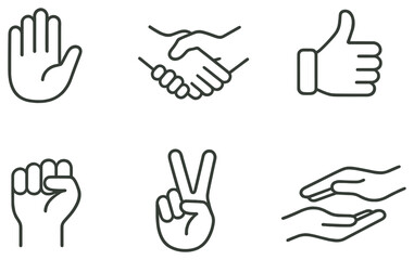 Obraz premium Hand gestures linear icon set. featuring wave, handshake, thumbs up, fist, peace, offering