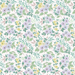 Seamless floral pattern. Cute bouquet of small  pastel lilac and yellow flowers. Light flowers on white background in trendy fashion vintage liberty style. Stock vector for prints on surface. Ditsy 