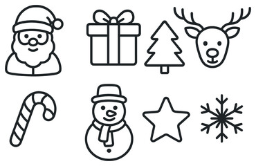 Obraz premium Christmas holiday linear icon set. featuring santa, gift, tree, reindeer, candy cane, snowman, star, snowflake