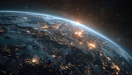 Fototapeta premium Earth at dawn, viewed from space, showing illuminated cities