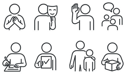 Communication linear icon set. featuring speaking, listening, writing, agreement, group discussion, check, relationship, delivery symbols