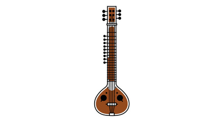 Naklejka premium Intricate Brown Wooden Sitar, Indian Classical String Instrument.