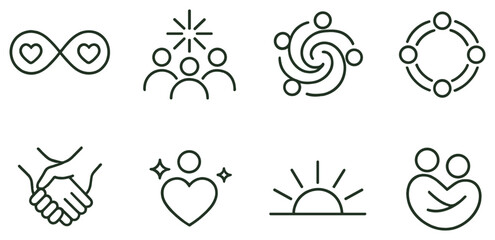 Fototapeta premium Community and connection linear icon set. featuring love, unity, teamwork, harmony, partnership symbols