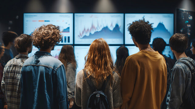 Diverse group of people watching financial data on large screens in a modern office