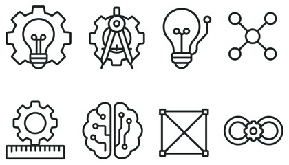 Science and technology linear icon set. featuring gear, bulb, compass, atom, brain, circuit, and cog symbols
