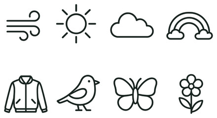 Fototapeta premium Weather and nature linear icon set. featuring wind, sun, cloud, rainbow, jacket, bird, butterfly, flower