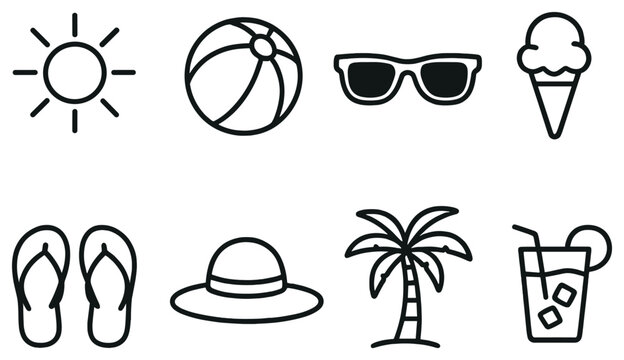 Summer vibe linear icon set. featuring sun, ball, sunglasses, ice cream, flip flops, hat, palm, and drink