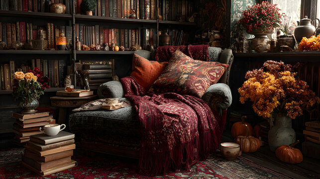 Autumn cozy mood. Fall cozy reading nook with a blanet, bookshelf filled with utumn-themed books, and a up of tea or hot chocolate