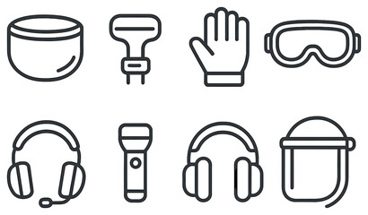 Fototapeta premium Safety equipment linear icon set. featuring hard hat, goggles, gloves, headset, flashlight, visor