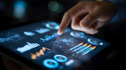 Close up of a person s finger interacting with a futuristic digital interface displaying data and charts