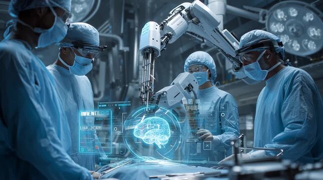 Futuristic operating room where neurosurgeons observe a robotic arm performing precise microscopic brain surgery, guided by glowing holographic overlays and real-time medical data.
