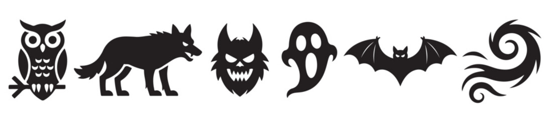 Collection of black halloween themed icons including an owl wolf monster ghost bat and swirl design