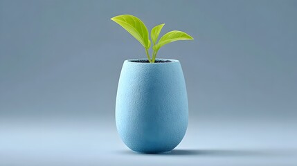 A small, light-blue planter, speckled with texture, holds a young sprout with vibrant green leaves against a soft, muted background.