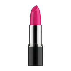 Obraz premium Vibrant pink lipstick with sleek silver case on a black background, product shot