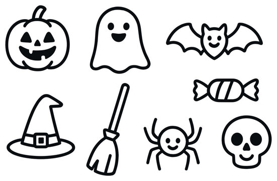 Halloween linear icon set. featuring pumpkin, ghost, bat, candy, witch hat, broom, spider, skull - Powered by Adobe