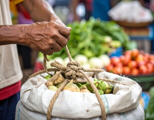 Hands tying a large sack of produce at an outdoor market stall, emphasizing fresh food and local commerce