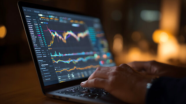 Hands typing on laptop displaying financial stock market charts at night - Powered by Adobe