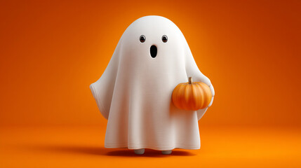 Fototapeta premium A cartoon ghost holding a small pumpkin against a solid orange background in a halloween style scene