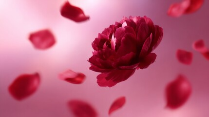 A beautiful close-up of a vibrant red flower with petals gracefully floating around it. The soft pink background adds a dreamy effect. Perfect for nature lovers and decoration. AI