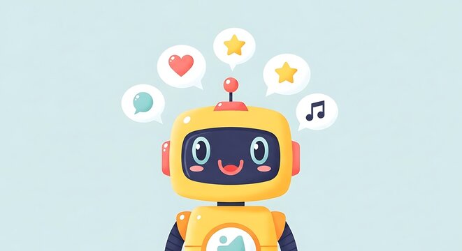 A cute, friendly yellow robot with big eyes and a smile, surrounded by speech bubbles containing icons like a heart, stars, and music notes - Powered by Adobe