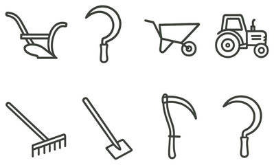 Agricultural tools linear icon set. featuring plow, sickle, wheelbarrow, tractor, rake, hoe, scythe
