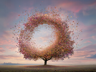 A high-resolution, full HD image capturing a whimsical, almost alive tree in a vast, open landscape. Its colorful fall leaves are in perpetual motion, creating an awe-inspiring, self-contained leaf st