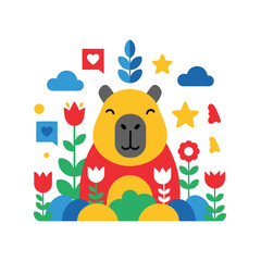 Adorable Capybara Character Amidst Vibrant Flowers and Cute Elements, a Charming Animal Illustration