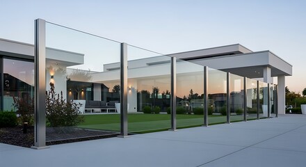 Obraz premium Modern glass fence surrounding a luxury house.