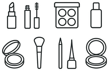 Beauty products linear icon set. featuring lipstick, mascara, eyeshadow, foundation, blush, and eyeliner symbols