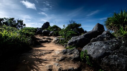 A sun-drenched trail winds upward through a landscape of dark basalt rocks and lush vegetation under a vibrant blue sky.
