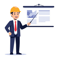 Engineer Presentation: An engineer, clad in a professional suit and hardhat, delivers a compelling presentation, pointing towards a detailed chart and diagram. conveying expertise and precision.