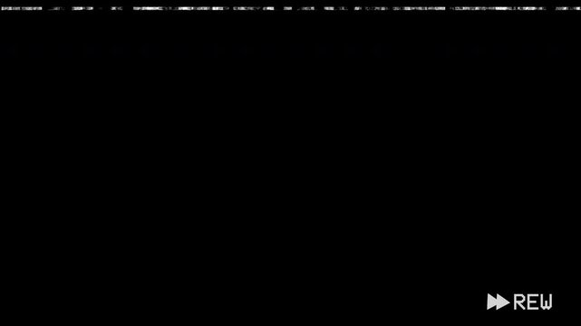 VHS tape rewind big arrows icon symbol middle of the screen effect on 4k Black Screen Film overlay animation with time code on black background screen. VCR Play, Rewind, FFD On-Screen Text Animation