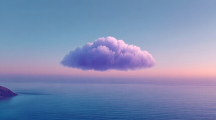 A serene, pastel-hued seascape features a large, floating cloud, bathed in soft, twilight colors.