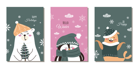 Set of winter greeting cards. A trendy minimalist design with funny Christmas characters and snowflakes. A vector template for a poster, banner, or holiday cover.