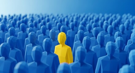 Fototapeta premium A single yellow person stands out from a crowd of blue figures, symbolizing individuality, leadership, or standing out from the norm