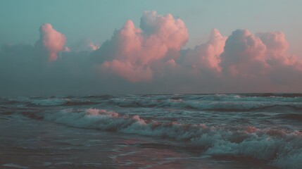 A serene coastal scene at sunset, featuring dramatic clouds in soft pinks and muted blues, crashing waves along the shoreline, and a tranquil atmosphere.