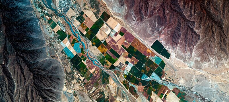 Aerial view of agriculture fields and river in desert landscape for travel and nature photography