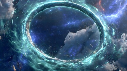 A swirling, vibrant ring of turquoise energy dominates a cosmic expanse, filled with scattered celestial objects and clouds.