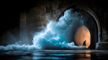 A dramatic scene within an arched stone passageway, filled with swirling, vibrant blue smoke, showcasing a figure in somber attire.