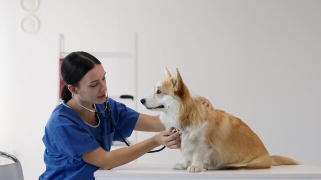 Cute Corgi dog at a veterinary check-up. Concept pet healthcare and animal care.