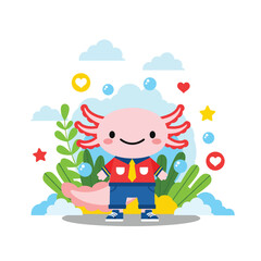 Adorable smiling axolotl character in a playful nature scene, a cute vector illustration of aquatic animals with hearts and stars