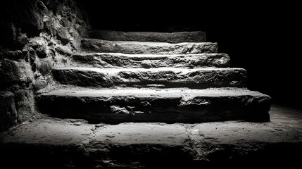 A grayscale image of weathered stone steps, descending into a dark interior space, illuminated by a focused light source.