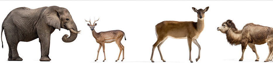 Obraz premium Photo of four animals on a white background including an elephant a ram a deer and a camel in fullbody portraits Isolated on transparent or white backgrounds