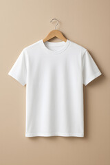 White t-shirt mockup on wooden hanger with beige background