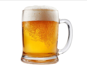 Frothy beer in a glass mug isolated on a white background front view
