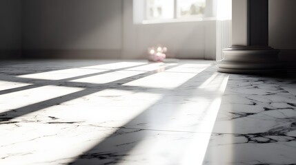 Sunlight streams across a pristine white marble floor, casting dramatic shadows that enhance the elegant architectural design.