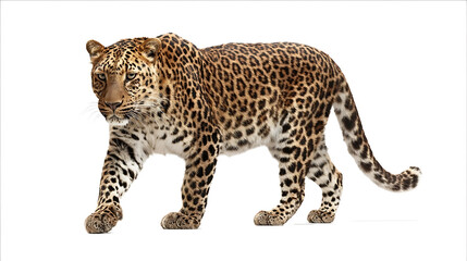 Obraz premium Photo of a leopard walking isolated on a white background with a clipping path Fullbody portrait