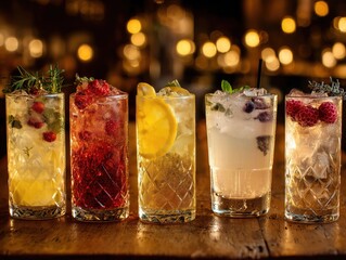 Row of highball cocktails and mocktails on rustic wooden table, gin tonic and floral drinks with berries garnish, beautiful bokeh background, professional product photography.