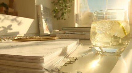 A golden pen rests on a stack of lined notebooks, beside a glass of iced water with a lime slice, bathed in warm sunlight streaming through a window.
